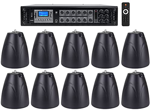 Image of Rockville Bundle RCS350-6 350 Watt 6 Zone 70v Commercial/Amp/Bluetooth Bundle with (10) PEN-65T Black 6.5" 70V Hanging Pendant Speaker Commercial (11 Items)