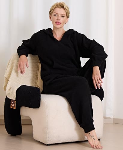 Womens Fuzzy Flannel Pajamas Sets Fleece Sherpa Pajamas Long Sleeve Softies Loungewear Set 2 Piece For Women Hooded4
