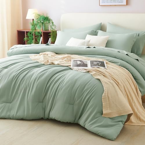CozyLux Full Comforter Set Sage Green, 7 Pieces Bed in a Bag, Bedding Comforter Set with Sheets, All Season Boho 7PC Bed Sets with Comforter, Fitted Sheets, Flat Sheets, Pillow Shams and Pillowcases