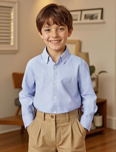JOGAL Boys Long Sleeve Oxford Dress Shirts Casual Button Down Shirts Striped Tops for 6-14 Years2