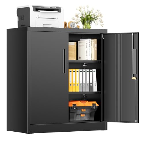 Image of INTERGREAT Steel Storage Cabinet with Lock, Lockable Metal Storage Cabinets with 2 Adjustable Shelves, Black Counter Height Garage Cabinet