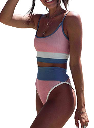 Aleumdr Women s High Waisted Striped Color Block Printed Crop Top Bikini Set Two Piece Swimsuits Pink Small 4 6