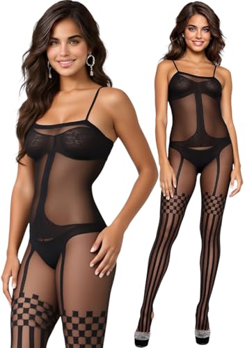 Image of ToBeInStyle Women's Assorted Bodystocking Sheer Opaque or Fishnet Crotchless Lingerie Bodysuit