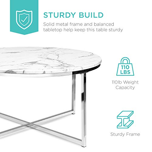 Best Choice Products SKY5994 36In Faux Marble Accent Table, Modern, Large End Table Home Decor For Living Room, Dining Room, Tea, Coffee W/Metal Frame, Foot Caps, Designer - White/Chrome thumb #3