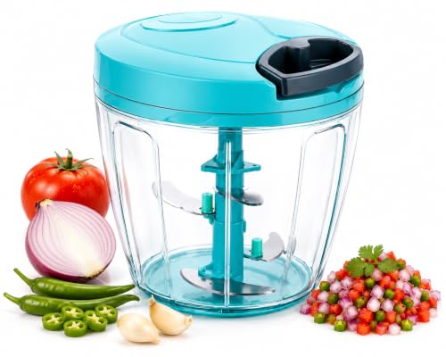 Image of Quick Manual Vegetable Chopper with 6 Stainless Steel Blades (900 ml) | Heavy Duty Onion Cutter & Fruit Chopper for Kitchen | Multi-Color (Pack of 1)