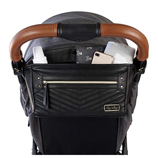 Itzy Ritzy Adjustable Stroller Caddy - Stroller Organizer Featuring Two Built-in Pockets, Front Zippered Pocket & Adjustable Straps to Fit Nearly Any Stroller, Black with Gold Hardware