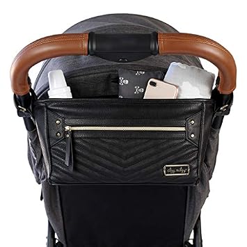 Image of Itzy Ritzy Adjustable Stroller Caddy - Stroller Organizer Featuring Two Built-in Pockets, Front Zippered Pocket & Adjustable Straps to Fit Nearly Any Stroller, Black with Gold Hardware