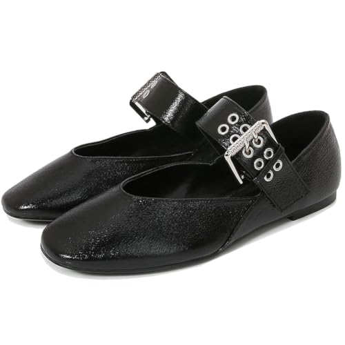 Image of Goolita Round Toe Mary Jane Flats for Women Comfortable Zebra Print Ballet Flats Shoes Buckle Strap Casual Work Ballerina Shoes Black