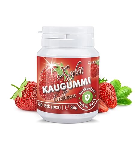 Xylit Kaugummi | Tschüß Karies: 80 zuckerfreie Zahnpflegekaugummi mit 100% Xylit, ohne Aspartam, vegan | Erdbeer (1er Pack)