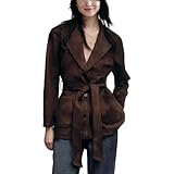 JoinQueen Belted Faux Suede Jacket for Women V Neck Wrap Trench Coat Dressy Casual Long Sleeve Coat Fashion Fall Clothes(Coffee,M)