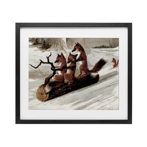 Stupell Industries 'Foxes Sledding on Log'�A�t���[���v�����g�A���_�[�K���X�A�u���b�N�A16 x 13