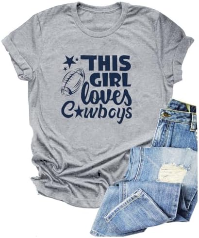 Vintage Football Shirt Women Game Day Tshirt Sunday Funday Shirt This Girl Loves Cowboy Print Top Casual Football Shirts