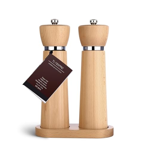 TLYSXPRO Wooden Salt and Pepper Grinder Set – Refillable Salt and Pepper Mill with Adjustable Upgraded Large Size Ceramic Burr – Manual Pepper Grinder with Beech Wood Body – 8.3” Tall Set/Be