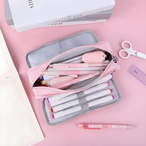 Image of Canvas Large Capacity Pencil Box for Girls & Boys, 3 Compartments Pen & Pencil Pouches, Aesthetic Stationery Pouch for School Kids College Students (Pink)