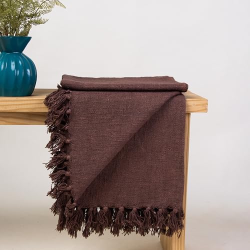 Image of Pure Cotton Hand Woven Sofa Throw | Handmade 50X60 Inch Solid Blanket | Soft Blanket for Living Room, Bed, Couch and Chair | Reversible and Breathable (Coffee Brown)