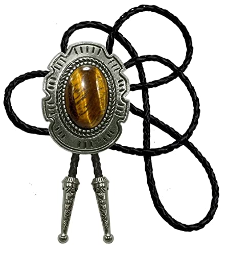 Image of Moranse Bolo Tie with Natural Tiger Eye Stone Celtic Style Genuine and Cowhide Rope