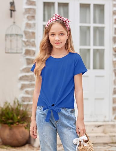 Image of Arshiner Girls Short Sleeve Shirts Tie Knot Front Tops T Shirts for Kids Crewneck Cute Casual Tie Dye Tee Blouse