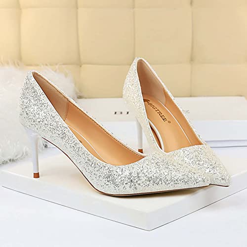 JOEupin Women's Sequin Mid Heel Wedding Pumps Pointed Toe Sparkly Party Wear Glitter Bridal Shoes3