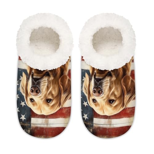 Image of Myfsucce Plush Slippers Indoor Cozy House Shoes with Non-Slip Sole, Fuzzy Warm Comfort Slippers for Women Men Winter, Golden Retriever Dog Flag Prints Size XL (US 10-12)