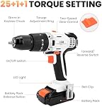 LIGO 20V Pilote sans fil avec impact, 1/2 pouce avec perceuse 2 Réglages de vitesse, batterie 2.0Ah, réglage du couple 25+1+1, comprend chargeur rapide, sac de vêtements