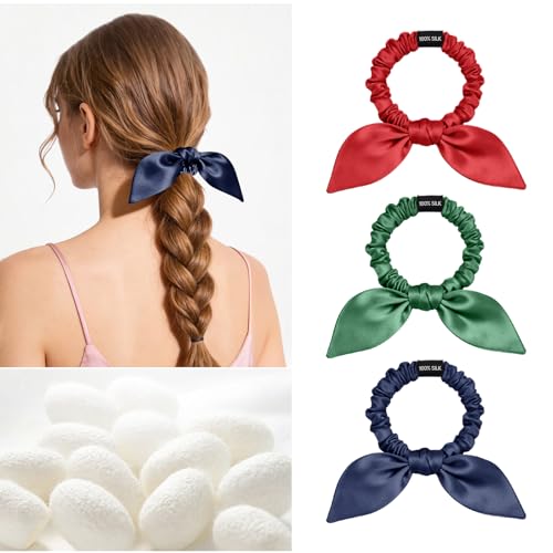 Image of THXSILK 100% Mulberry Silk Bow Scrunchies 3-Pack, 22 Momme Cute Bunny Ear Hair Ties for Women, No Damage Ponytail Holders for Fine Hair, Kawaii Hair Accessories for Girls(Red, Green, Navy Blue)