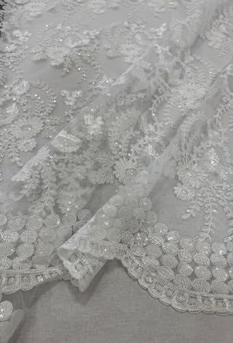 Sedona Designz 48/50 Wide Corded Floral Lace Fabric with Sequins Mesh Embroidered Prom & Bridal Fabric with Scalloped Edges Elegant for Gowns Dcor & Crafts