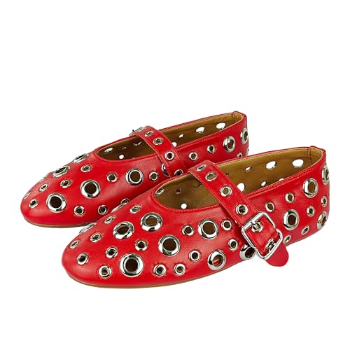 Image of Fashion Buckle Ballet Flats Women's Delicate Metal Buckle with Rivet Holes Mary Jane Comfort Flats