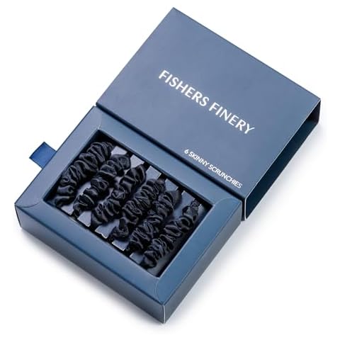 Fishers Finery 25 Momme Pure Mulberry Silk Black Scrunchies | Skinny Silk Hair Ties (Black 6 Pk) Cover