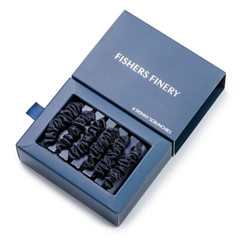 Fishers Finery 25 Momme Pure Mulberry Silk Black Scrunchies | Skinny Silk Hair Ties (Black 6 Pk)