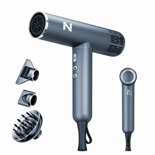 Natrial Ionic Professional Hair Dryer with Diffuser for Curly Hair,1600W&110000RPM High Speed Blow Dryer for Women,Fast Drying,Lock Function,Low Noise,Lightweight for Home Travel Salon,Misty Gray