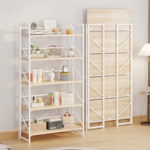 Image of JSB 5 Tier No Assembly Folding Bookshelf, 30.7 inch Wide Foldable Storage Bookcase for Home Office, Space-Saving Storage Shelf for Living Room (White)