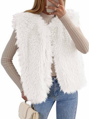 Tankaneo Womens Faux Fur Vest Cropped Sleeveless Warm Winter Shaggy Open Front Outerwear Vest