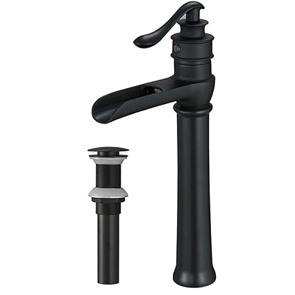 BWE Vessel Sink Faucet with Drain Assembly and Supply Hose Lead-free Waterfall Single-Handle Single Hole Bathroom Faucet Lavatory Mixer Tap Tall Body Matte Black