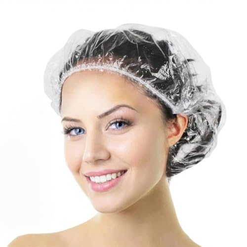 Aquior Shower Cap Disposable 50 PCS Bath Caps Large Thick Clear Waterproof Plastic Elastic Hair Bath Caps for Women Kids Girls Travel Spa Hotel and Hair Solon Home Use