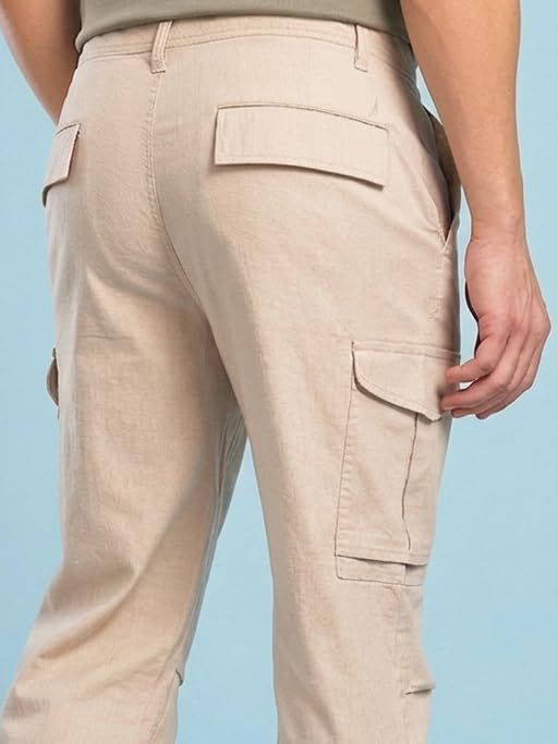 Image of Vogaan Men Cotton Linen Blend Cargo Pants | Mid Rise Regular Fit Casual Trousers | Multi Pocket Utility Bottom Wear | Comfortable Breathable Fabric Travel Outdoor Styling