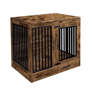 Rustic Brown Heavy Duty Furniture Dog Crate, Wood and Metal Kennel Cage, Pet House End Table with Drawer and Pull-Out Design, Dog Home for Indoor use, Medium Size