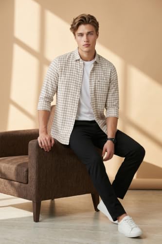 Image of Peter England Men's Slim Fit Full Sleeve Checkered Casual Shirt | 100% Cotton | Premium Twill Weave