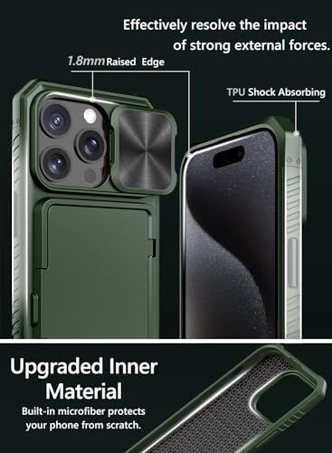Image of Vihibii PC For iPhone 15 Pro Wallet Back Cover With Card Holder (4 Cards) & Slide Camera & Kickstand, Shockproof Case For iPhone 15 Pro 6.1 inch 2023, Green