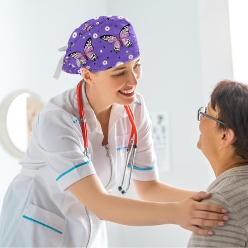 Image of Colored Butterflies Scrub Caps Women Ponytail, Adjustable Bouffant Surgical Caps with Button, Nurse Hats Long Hair