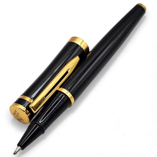 Image of Venti Gold Trim Roller Ball Pen| Black Body Color | Ink Color - Blue | Novel Gifts For Professionals | Premium Pens For Personal & Professional Use (001-Black-Roller, Black)
