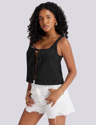 Womens Denim Vest Sleeveless Square Neck Jean Vest for Women Tie Up Front Denim Top4