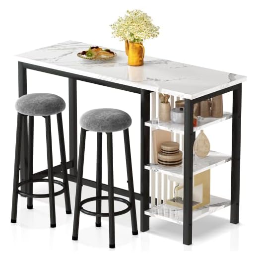 AWQM Bar Table Set with Storage Shelves, 47" Modern White Faux Marble Breakfast Table with 2 Velvet Stools, 3-Piece Dining Set for 2, Space Saving Table for Kitchen/Dinning Room/Living Room/Studio