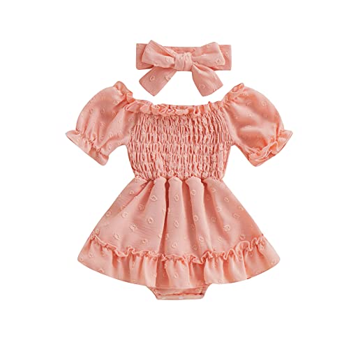 Baby Girl Romper Dress Ruffle Chiffon Smocked Dress Vintage Onesie Princess Outfit (3-6 Months,Pink Orange)