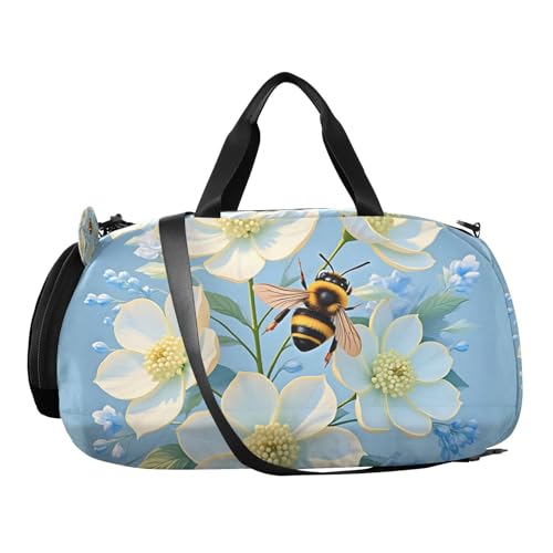 Duffle Bag for Boys or Girls with Shoes Compartment, Flowers Bee Blue Sports Travel Bag Overnight2