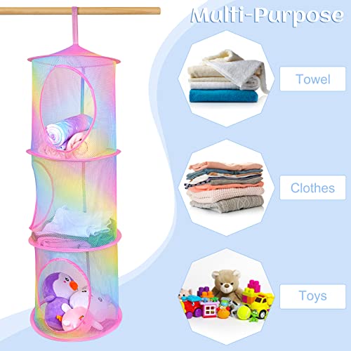 Fiobee Stuffed Animals Hammock Net Toy Storage 2 Pack Hanging Stuffed Animals Organizer Holder Mesh Toy Organizer With 3 Compartments For Girls Room Closet Kids Playroom, Rainbow #TOP5