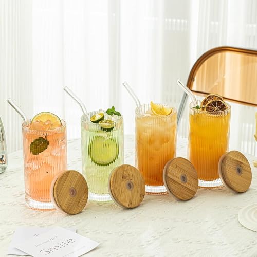 Image of KHOLAD Ribbed Glass Tumbler Mugs With Airtight Wooden Lid And Straw Pack Of 1,Multipurpose Drinking Glasses Sipper Perfect For Cocktails,Smoothies,Juice,Beer,Coffee For All-Occasions (Ribbed),400Ml