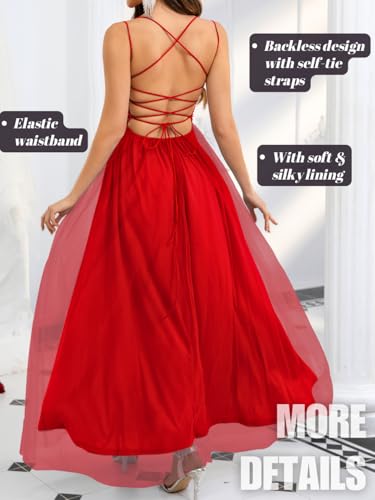 Image of ShawGobow Tulle Prom Dress with Slit,Sequin Backless Long Flowy Dresses for Women,Sexy Sparkly Outfits Homecoming Wedding
