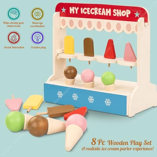 Image of Baybee Ice Cream Shop for Kids, Pretend Play Toys with 8 Pcs Playset, Educational Role Play Toy for Girls & Boys, Child-Safe Wooden Icecream Play Set for Kids Age 3 & Above