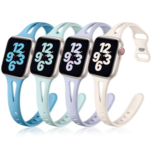 Image of Getino Compatible with Apple Watch Band 42mm 44mm 45mm 46mm 49mm iWatch Ultra Series 11 10 9 8 7 6 5 4 3 2 1 SE Women, Stylish Silicone Slim Sport Watch Bands, Cyan /Lake Blue /Starlight /Grayish Purple