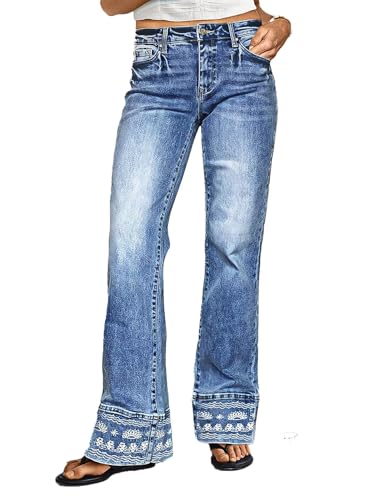 Flamingals Mid Rise Bootcut Jeans for Women with Embroidery Hem Stretchy Wash Straight Leg Jeans Causal Trendy